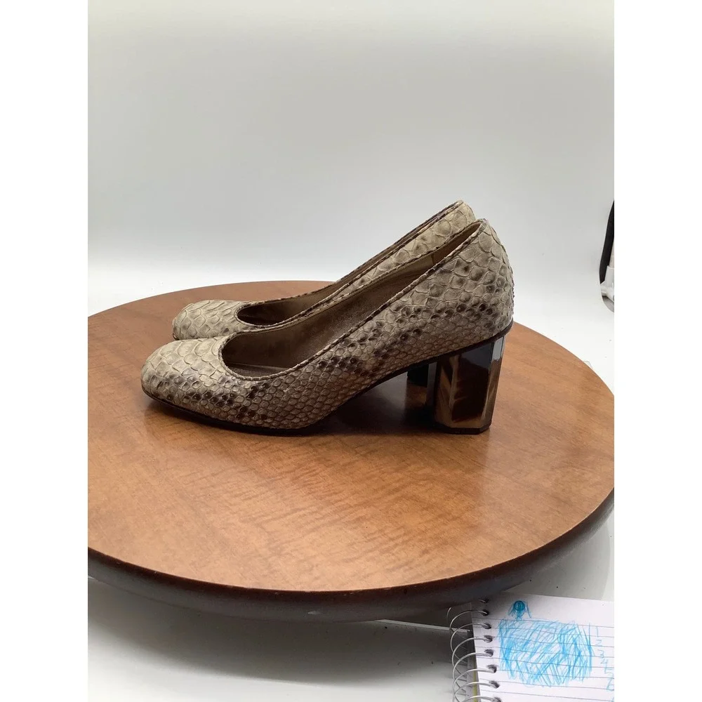 Paolo Iantorno Python Snakeskin Square Toe Block Heel Pumps Tan Brown Size 38